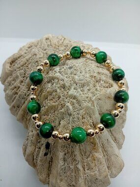 14K Gold Filled Green Tiger's Eye Bead Bracelet Stretch Bracelet Women